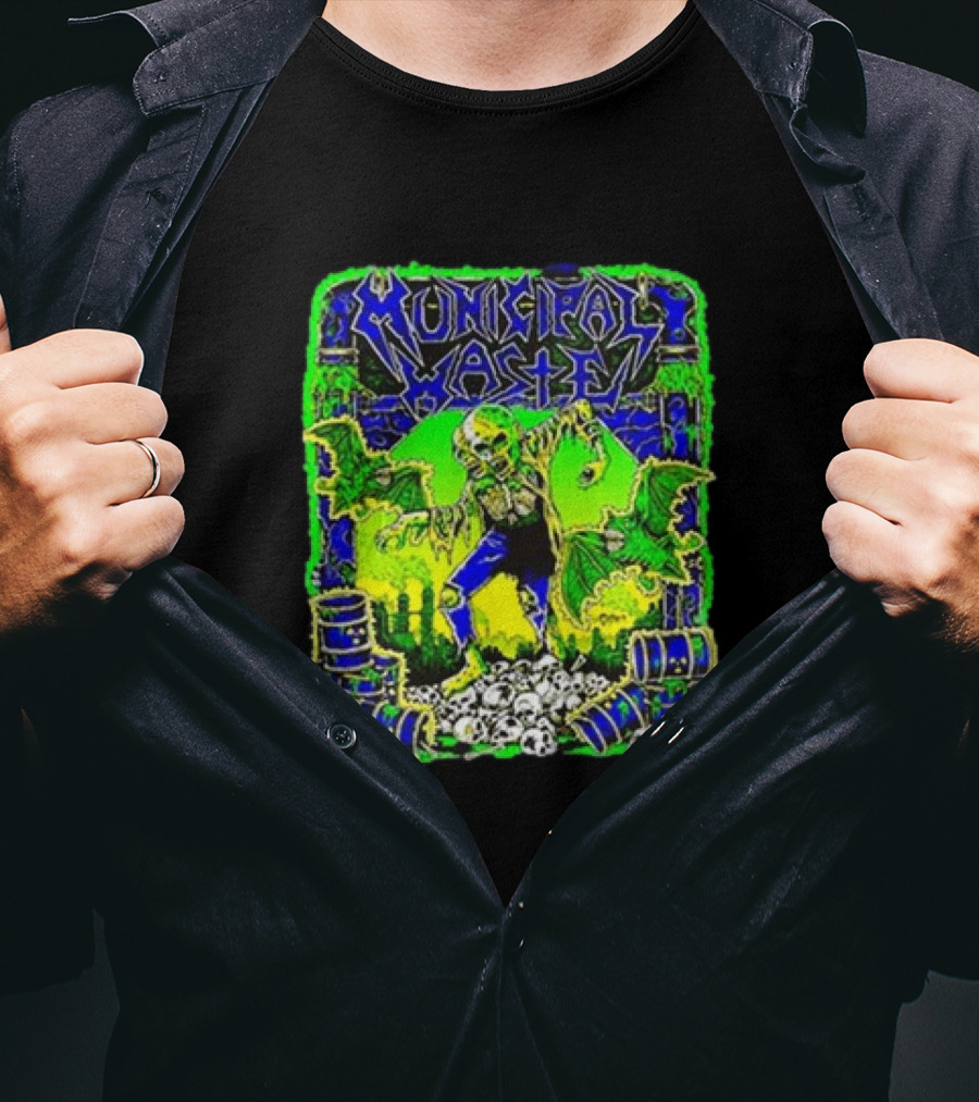 Municipal Waste Radioactive Creature With Toxic Barrels And Green Bats T-Shirt