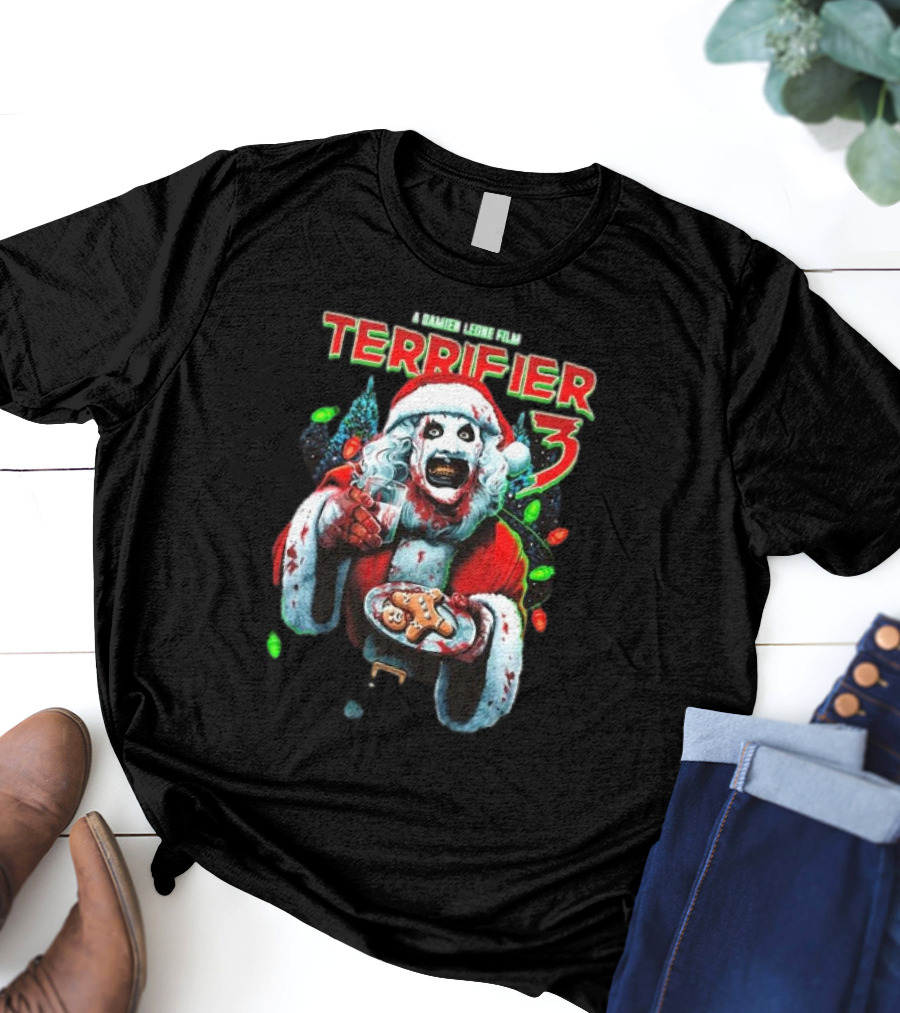 Terrifier 3 A Damien Leone Film Christmas With Milk And Carnage Santa Holding Gingerbread And Glass T-Shirt