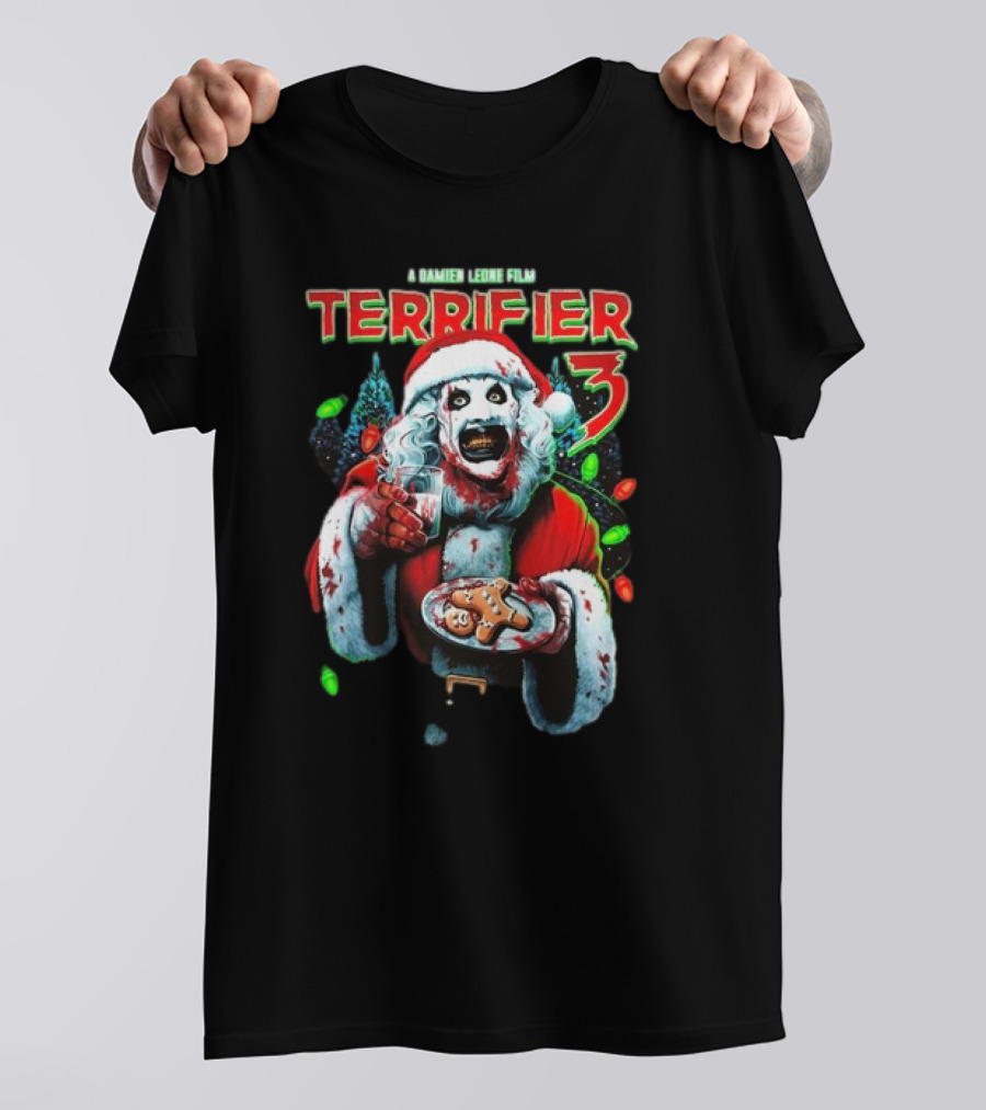 Terrifier 3 A Damien Leone Film Christmas With Milk And Carnage Santa Holding Gingerbread And Glass T-Shirt