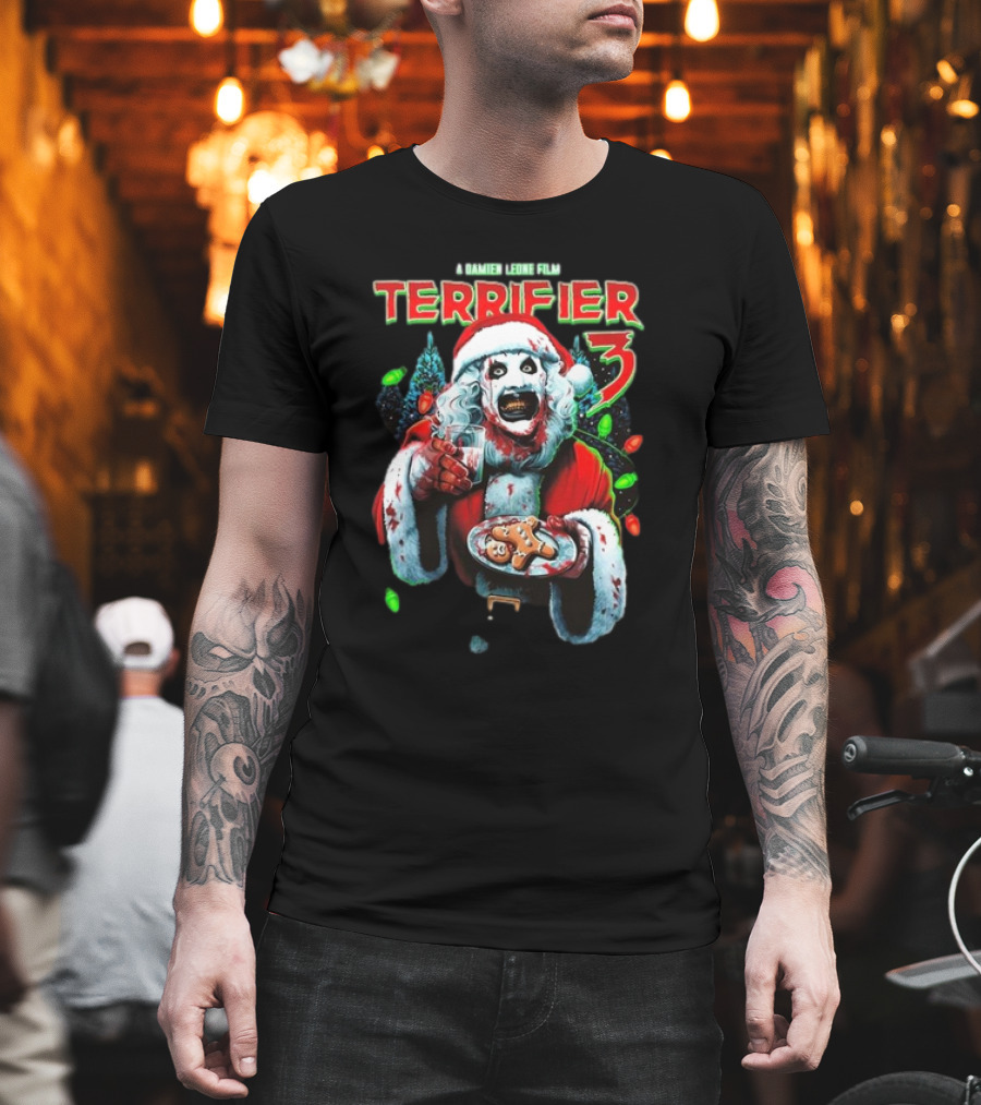 Terrifier 3 A Damien Leone Film Christmas With Milk And Carnage Santa Holding Gingerbread And Glass T-Shirt