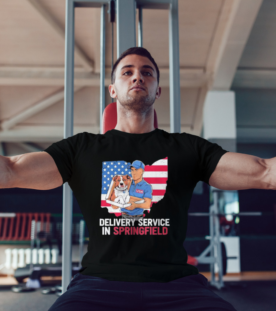 Delivery Service In Springfield USA Dog Parcel Ohio Flag Background T-Shirt