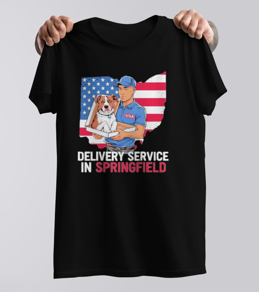 Delivery Service In Springfield USA Dog Parcel Ohio Flag Background T-Shirt
