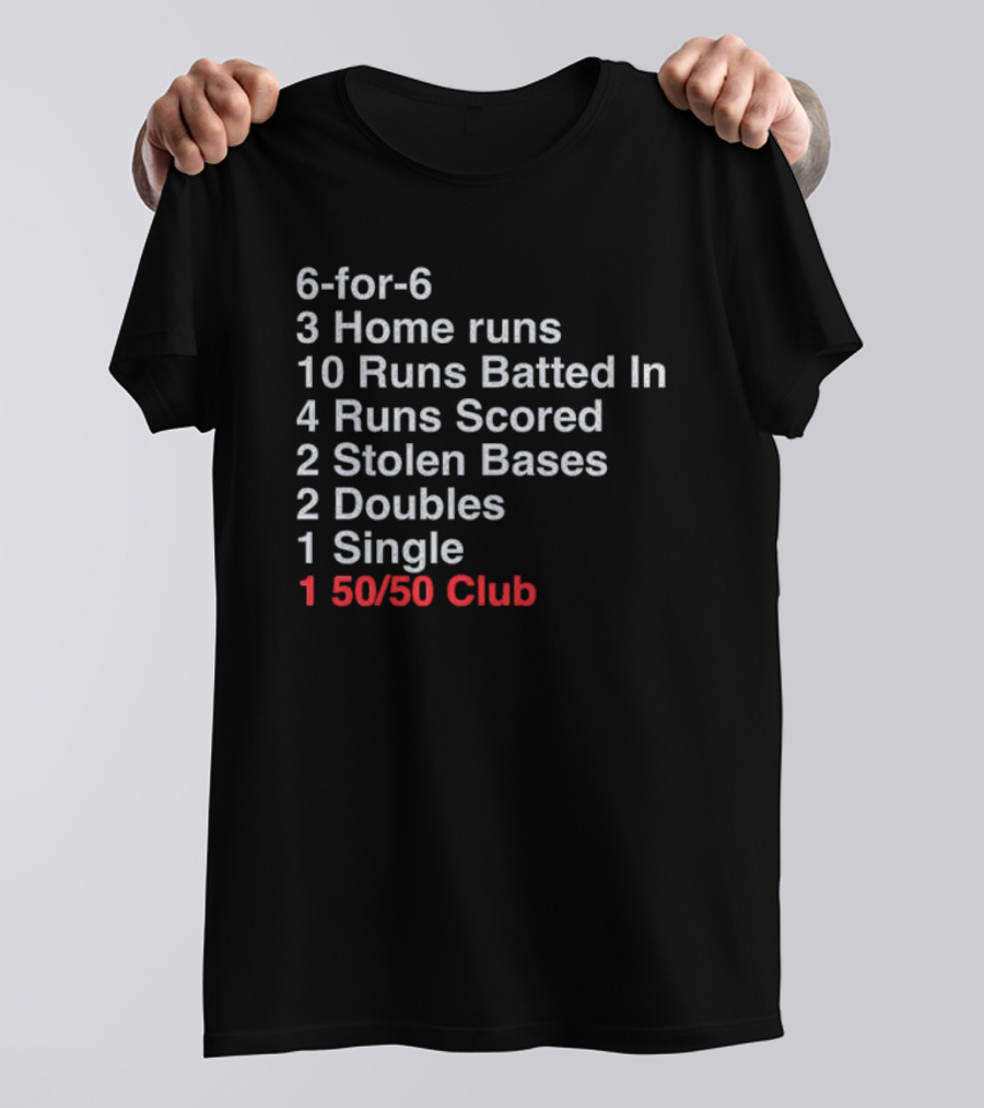 Shohei Ohtani 6-for-6 3 Home Runs 10 Runs Batted In 4 Runs Scored 2 Stolen Bases 2 Doubles 1 Single 50-50 Club T-Shirt