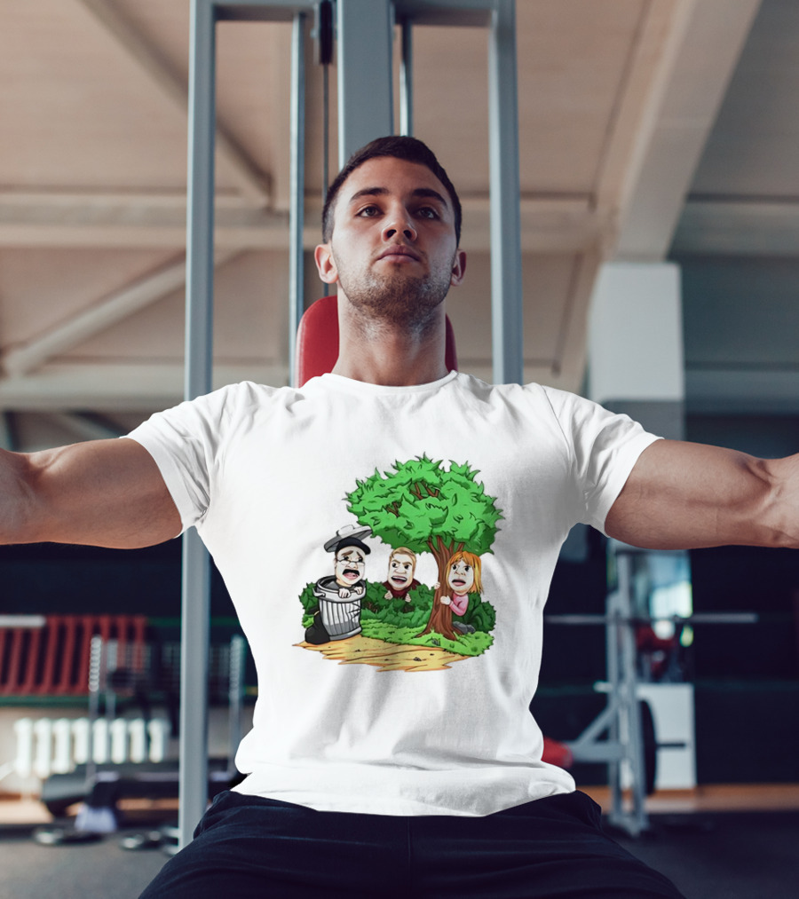 Artem Potokin Little Me Cartoon Characters Hiding Behind Tree And Trash Can T-Shirt