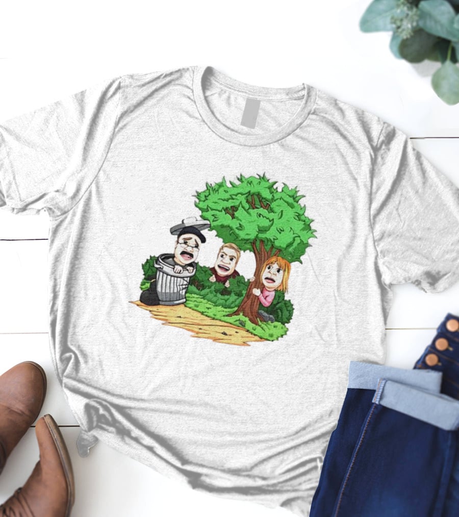 Artem Potokin Little Me Cartoon Characters Hiding Behind Tree And Trash Can T-Shirt