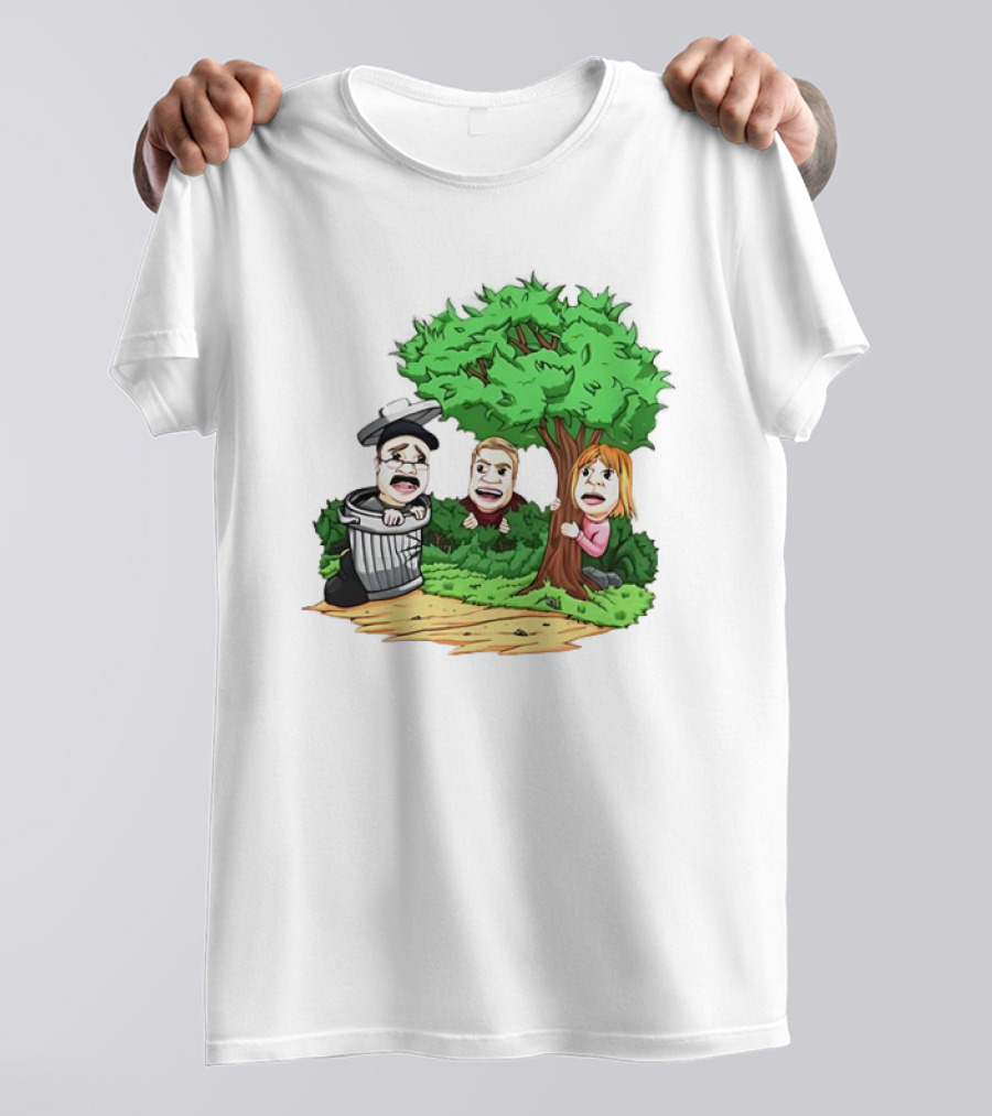 Artem Potokin Little Me Cartoon Characters Hiding Behind Tree And Trash Can T-Shirt
