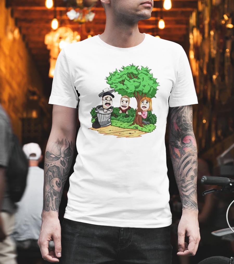 Artem Potokin Little Me Cartoon Characters Hiding Behind Tree And Trash Can T-Shirt