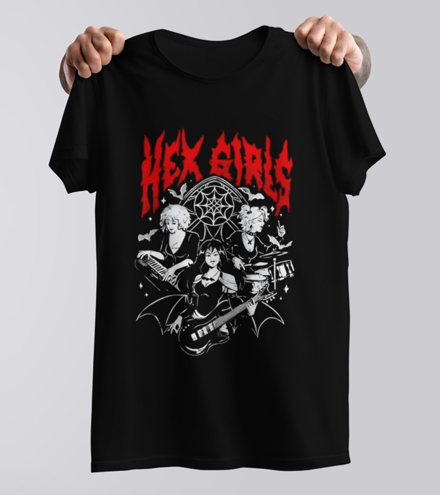 Hex Girls Band Gothic Rock Trio With Instruments And Spiderweb Background T-Shirt
