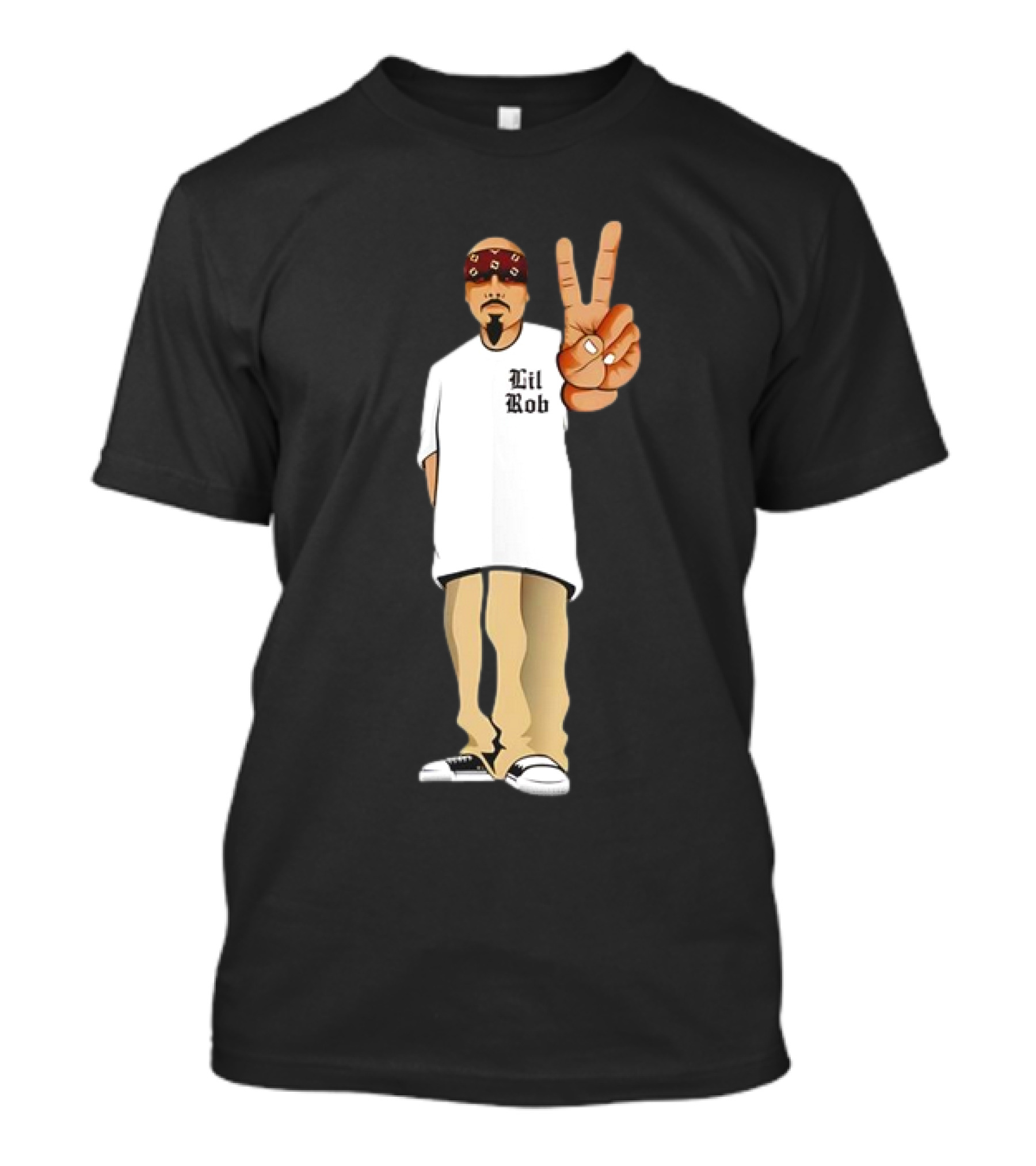 Lil Rob Peace Gesture Cartoon Character With Headband And Bearded T-Shirt