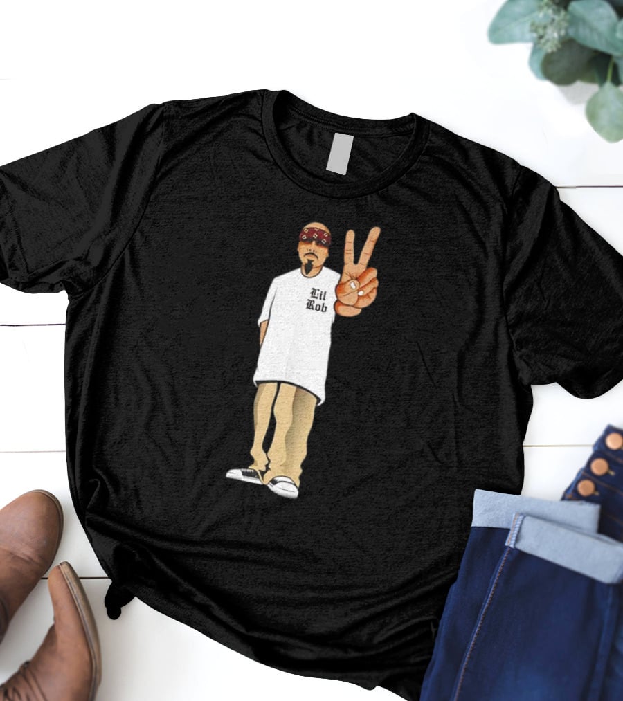 Lil Rob Peace Gesture Cartoon Character With Headband And Bearded T-Shirt