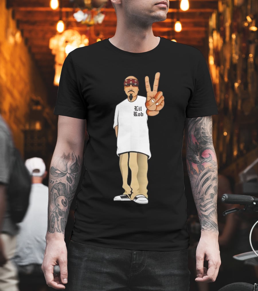 Lil Rob Peace Gesture Cartoon Character With Headband And Bearded T-Shirt
