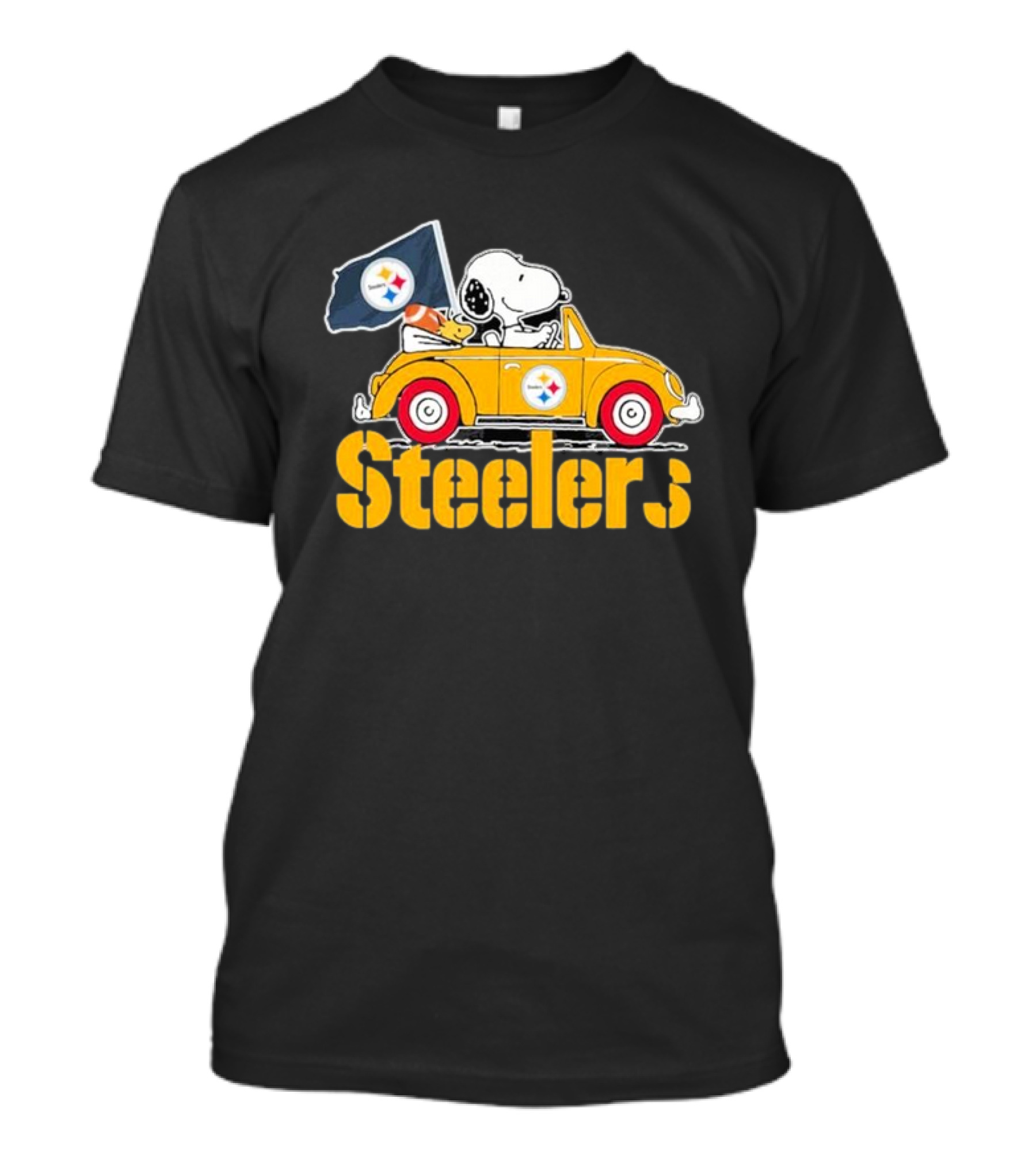 Peanuts Snoopy Woodstock Driving Yellow Car With Steelers Flag T-Shirt