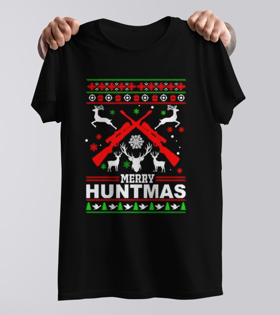 Merry Huntmas Christmas Reindeer Guns And Antlers Holiday T-Shirt