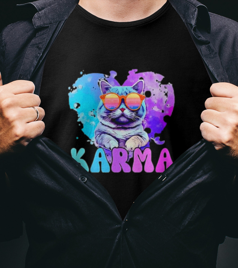 Cat Lover Karma Heart Shape Retro Sunglasses T-Shirt