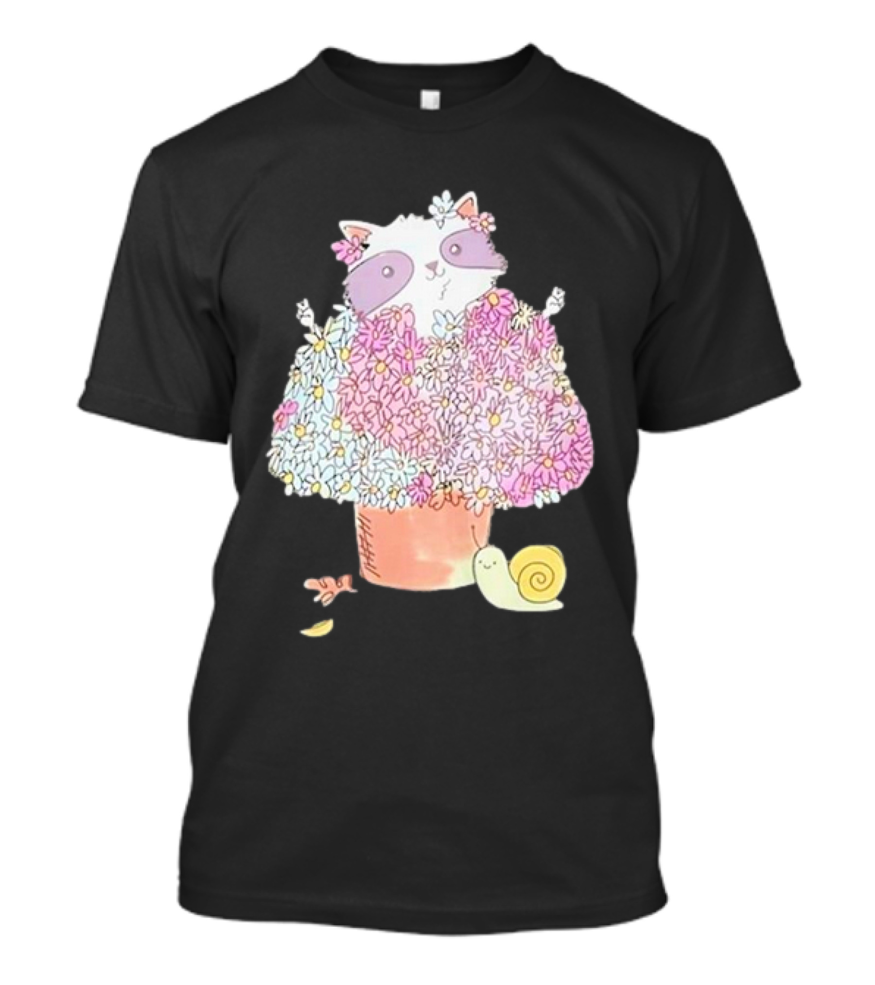 Raccoon In Floral Pot With Snail And Blossoms T-Shirt