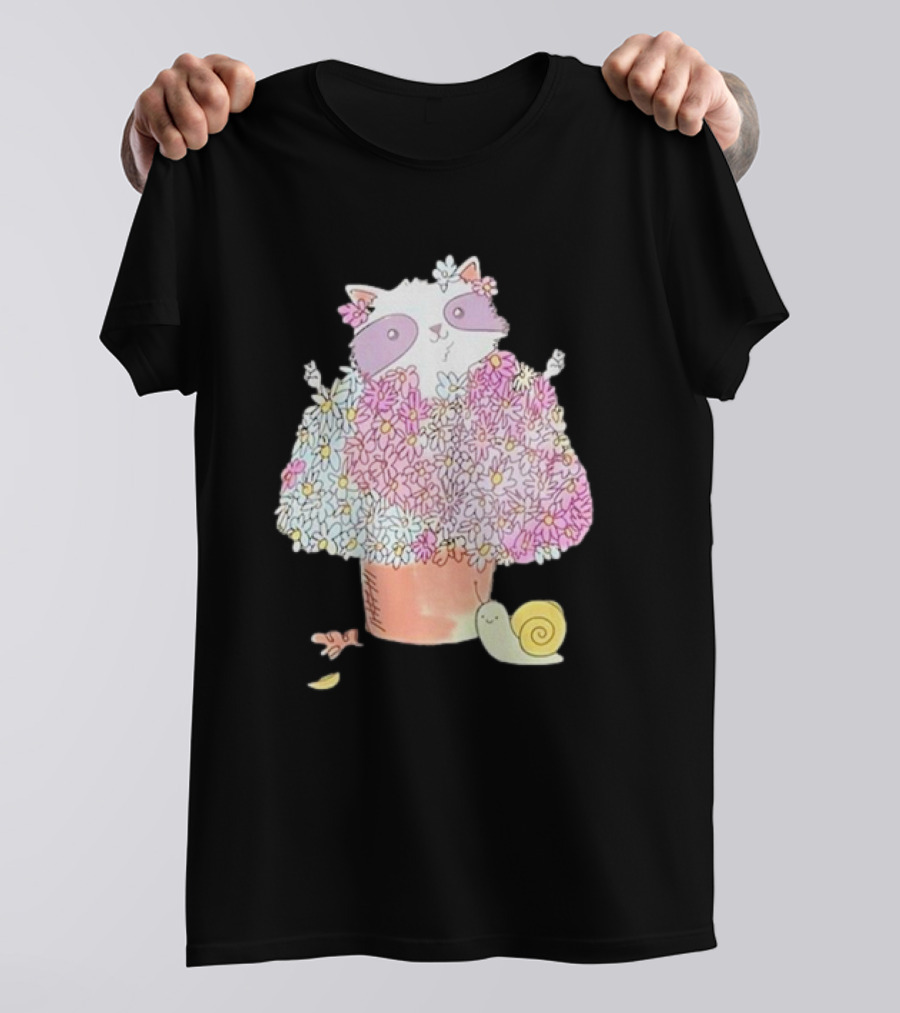 Raccoon In Floral Pot With Snail And Blossoms T-Shirt