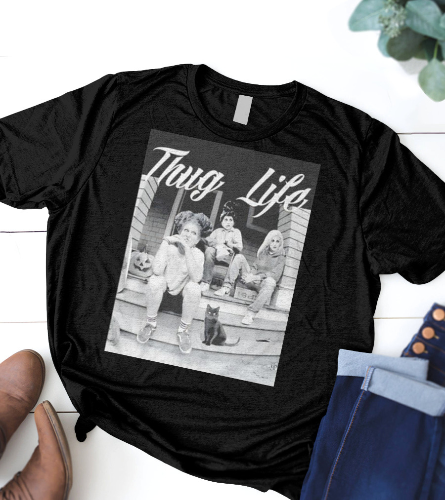 Hocus Pocus Thug Life Witchy Trio With Black Cat And Pumpkin Porch Scene T-Shirt