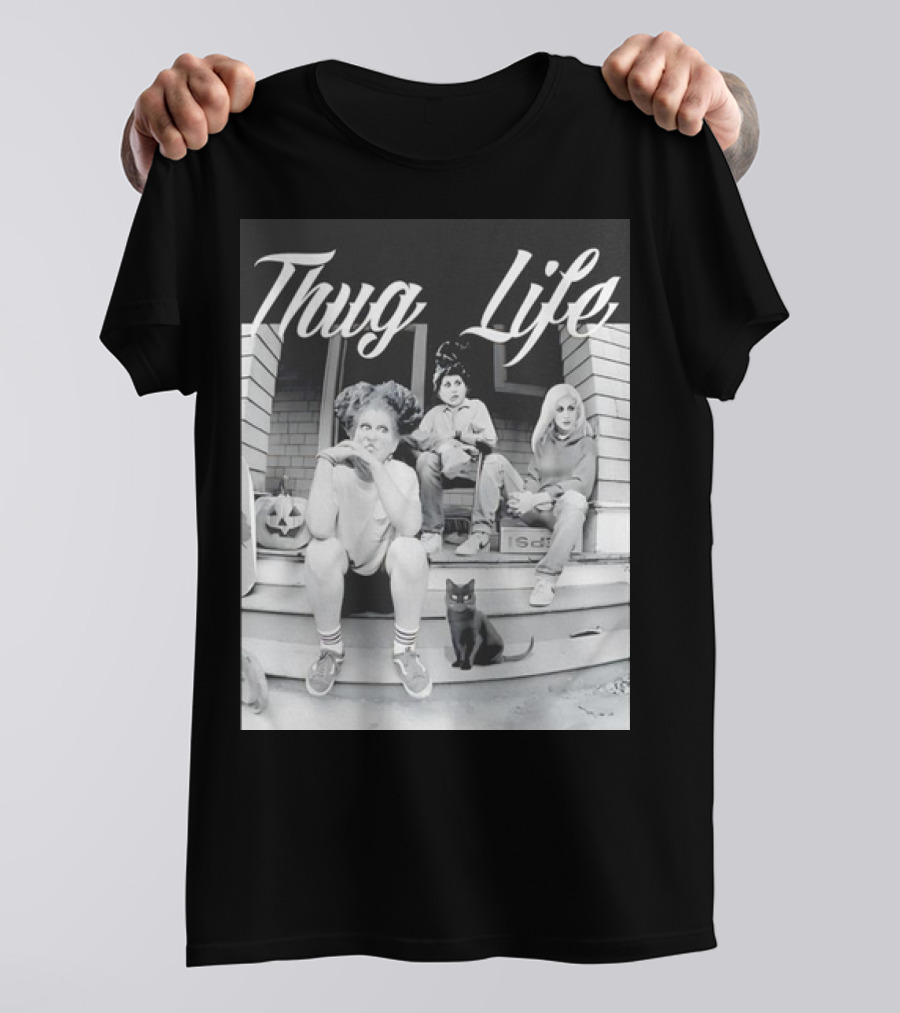 Hocus Pocus Thug Life Witchy Trio With Black Cat And Pumpkin Porch Scene T-Shirt