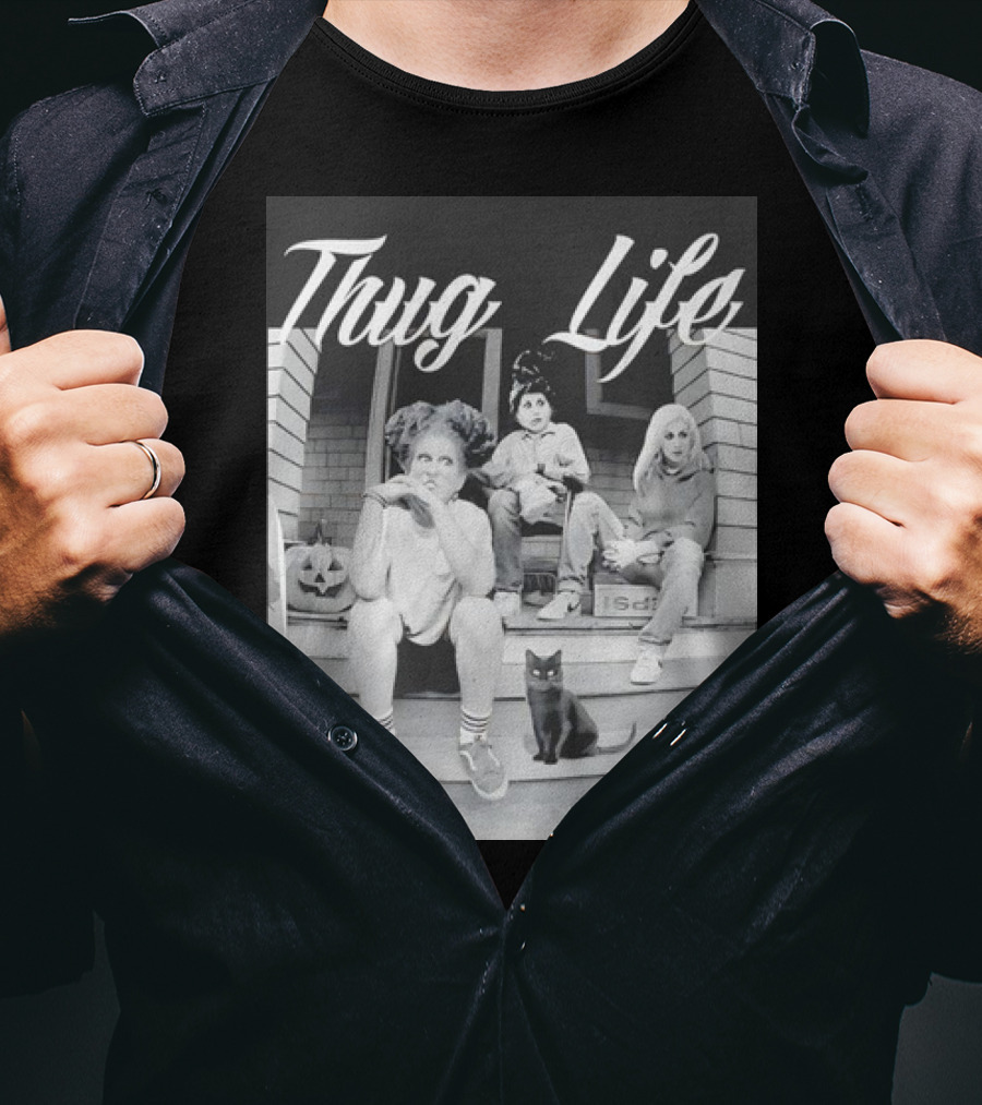 Hocus Pocus Thug Life Witchy Trio With Black Cat And Pumpkin Porch Scene T-Shirt