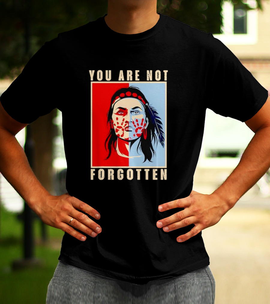 You Are Not Forgotten Awareness Native American Indian Red Handprint Feather Profile T-Shirt