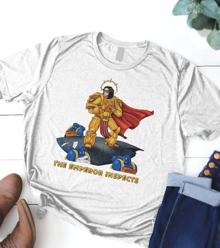 The Emperor Inspects Power Armor With Red Cape And Space Soldiers On Dark Platform T-Shirt