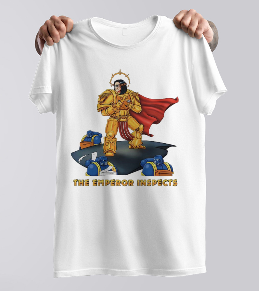 The Emperor Inspects Power Armor With Red Cape And Space Soldiers On Dark Platform T-Shirt