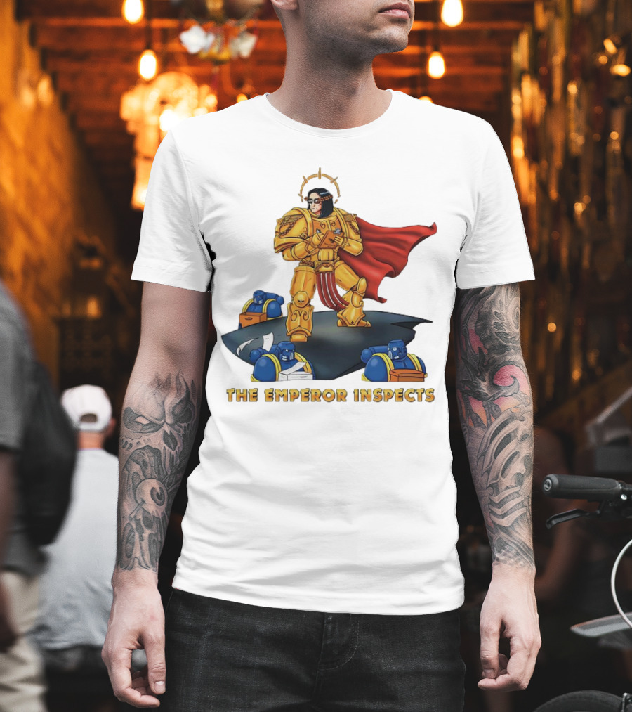 The Emperor Inspects Power Armor With Red Cape And Space Soldiers On Dark Platform T-Shirt