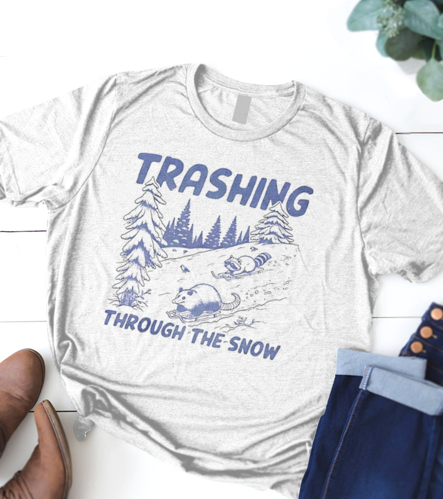Trashing Through The Snow Hillside Opossum And Raccoon Winter Fun T-Shirt