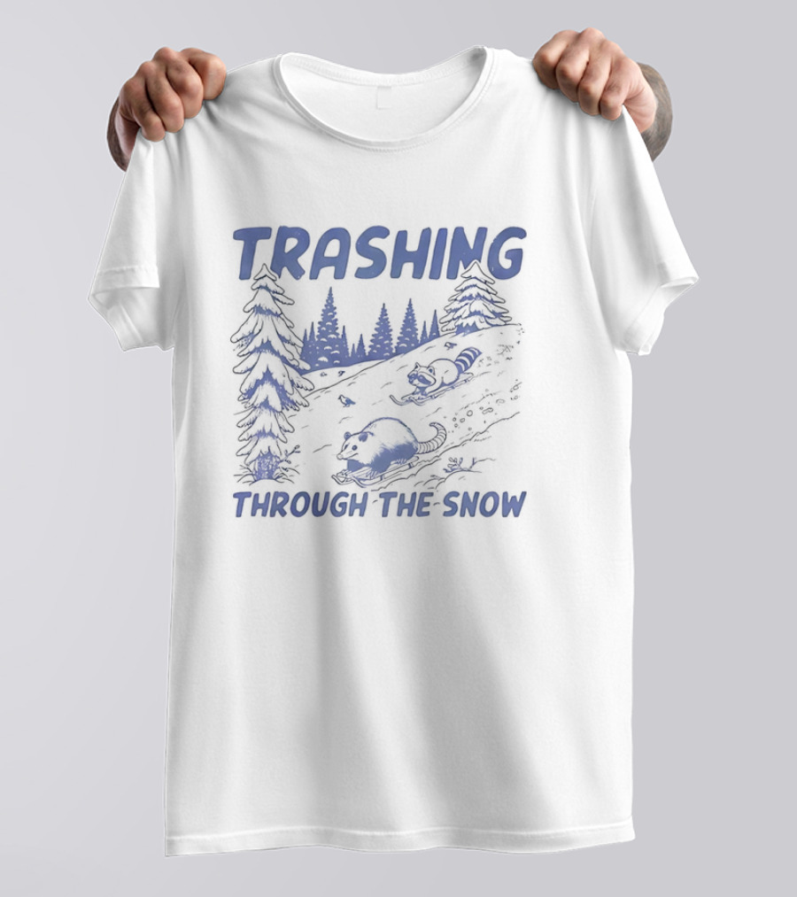 Trashing Through The Snow Hillside Opossum And Raccoon Winter Fun T-Shirt
