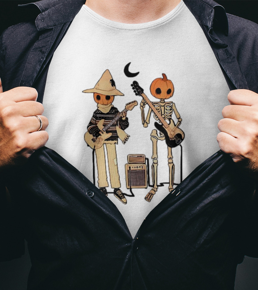 Libby Frame Pumpkin Skeleton Musicians With Crescent Moon T-Shirt
