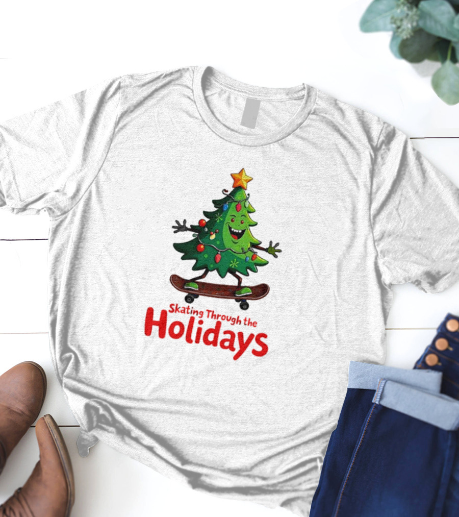 Skating Through The Holidays Christmas Tree Skateboard T-Shirt