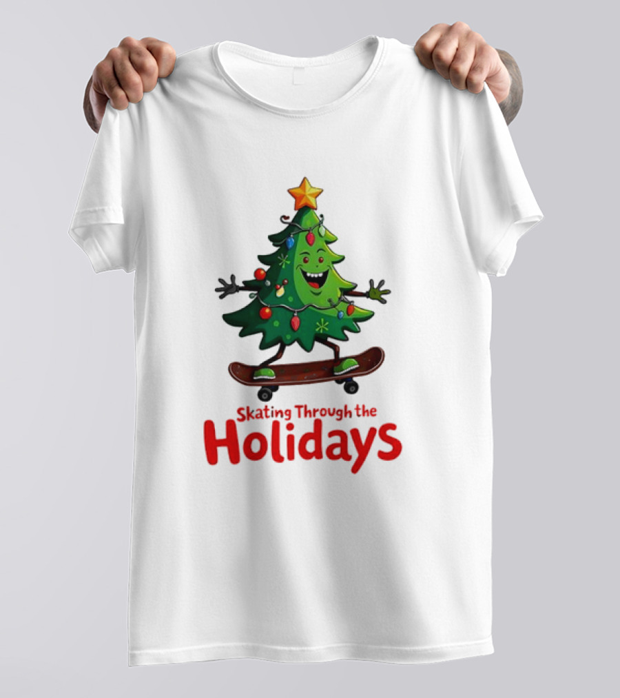 Skating Through The Holidays Christmas Tree Skateboard T-Shirt
