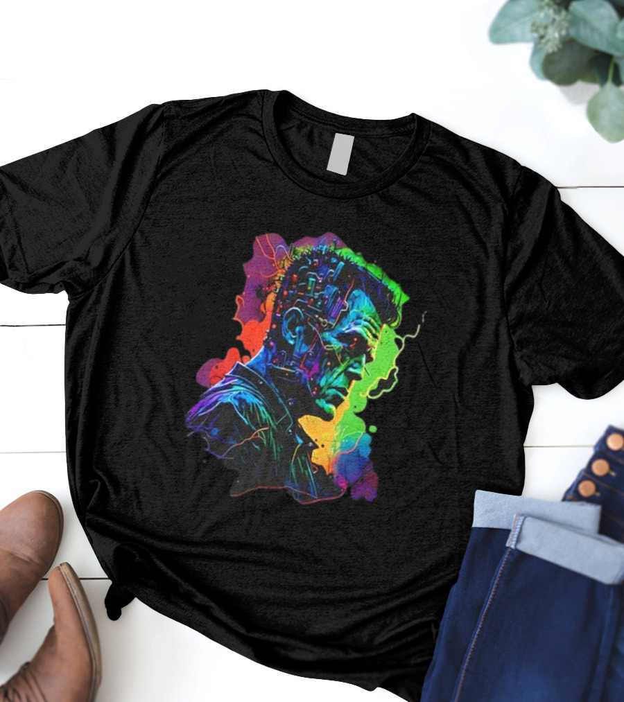 Cyberpunk Frankenstein Neon Circuit Profile T-Shirt