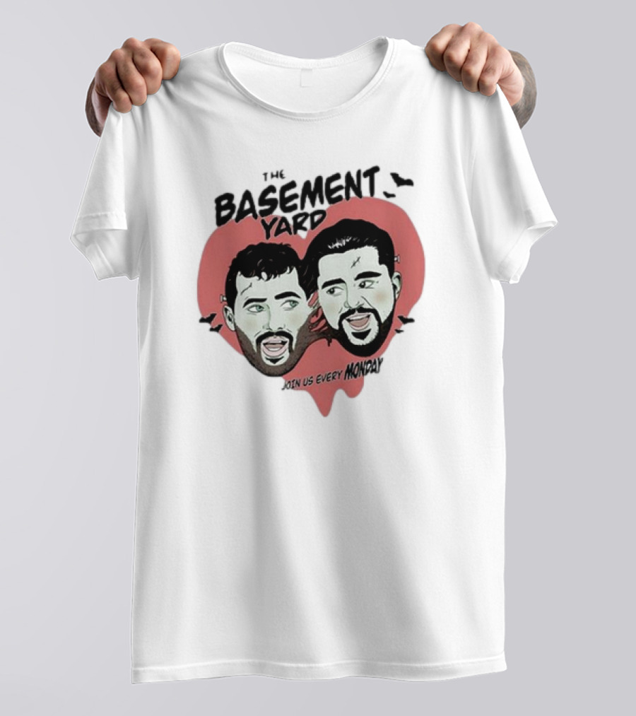 The Basement Yard Join Us Every Monday Spooky Season With Two Characters And Bats T-Shirt