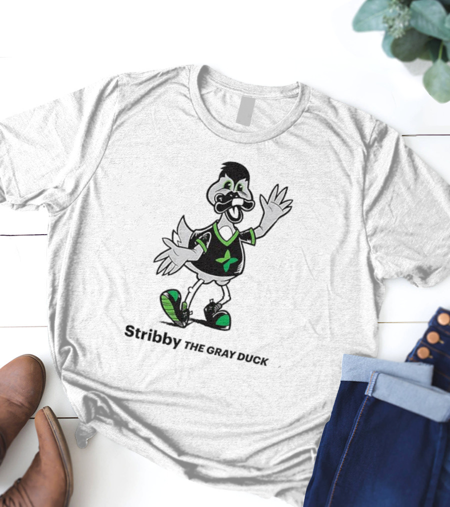 Stribby The Gray Duck Cartoon Mascot With Green And Black T-Shirt