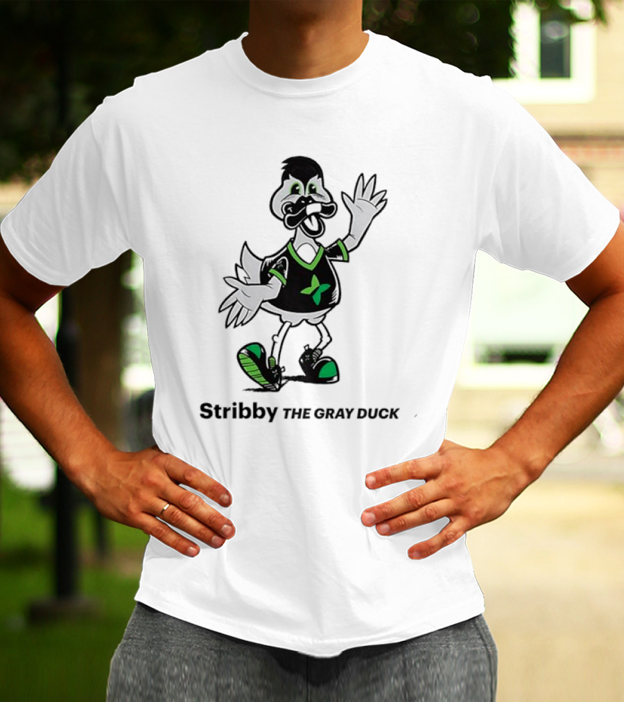 Stribby The Gray Duck Cartoon Mascot With Green And Black T-Shirt