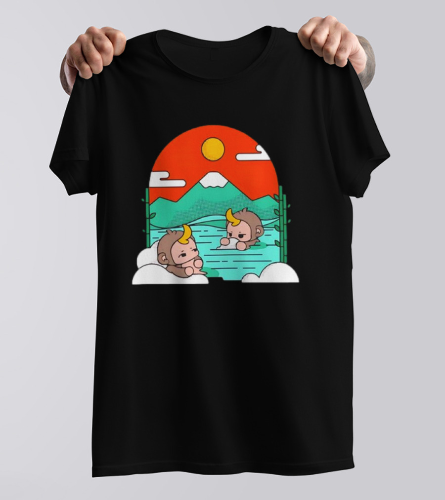 Connor Colquhoun The Tranquil Cute Monkeys In Vibrant Mountain Hot Spring Scenery With Sun And Clouds T-Shirt