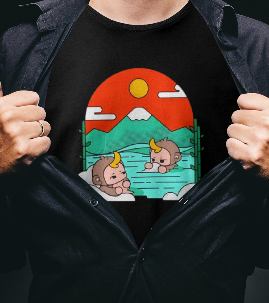 Connor Colquhoun The Tranquil Cute Monkeys In Vibrant Mountain Hot Spring Scenery With Sun And Clouds T-Shirt