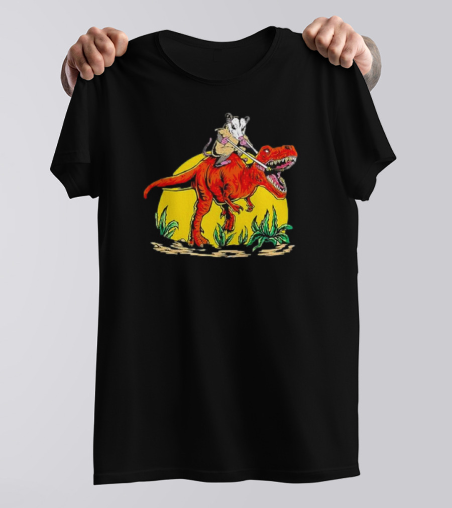 Opossum Riding T-Rex Dinosaur Retro Sunset Forest Scene T-Shirt