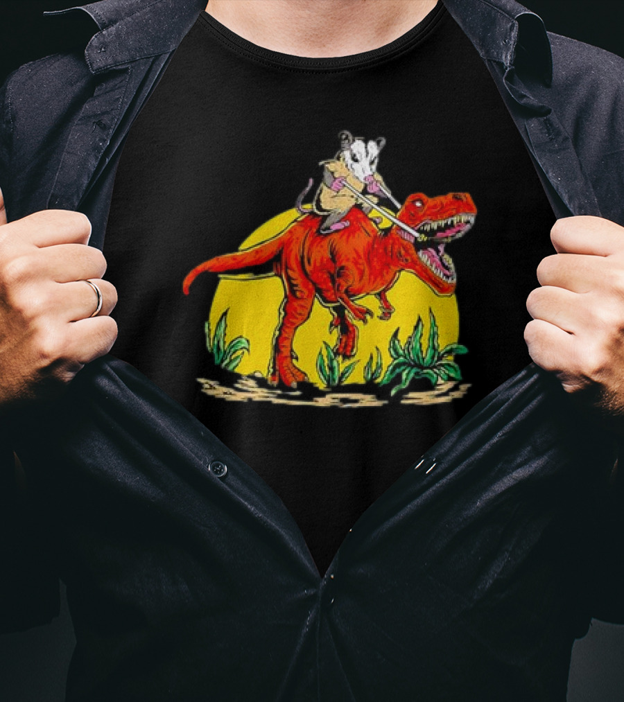 Opossum Riding T-Rex Dinosaur Retro Sunset Forest Scene T-Shirt