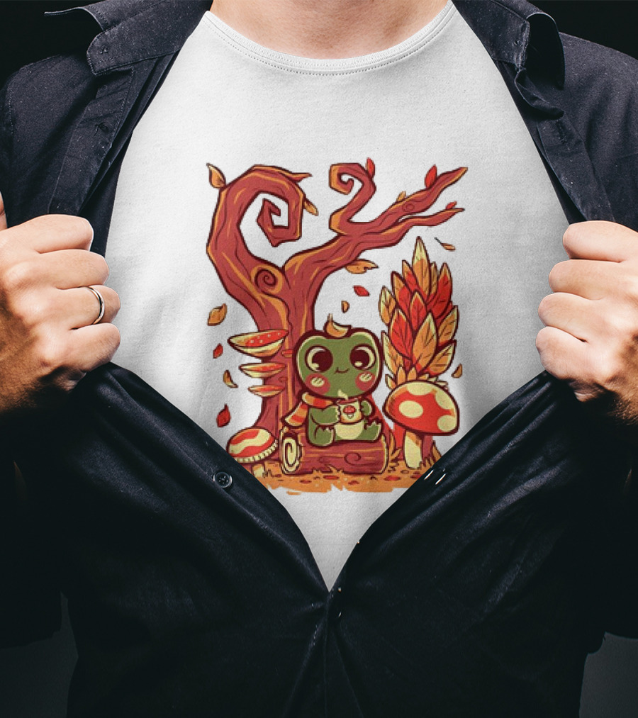 Cozy Autumn Days Cute Frog Enjoying Fall Leaves T-Shirt