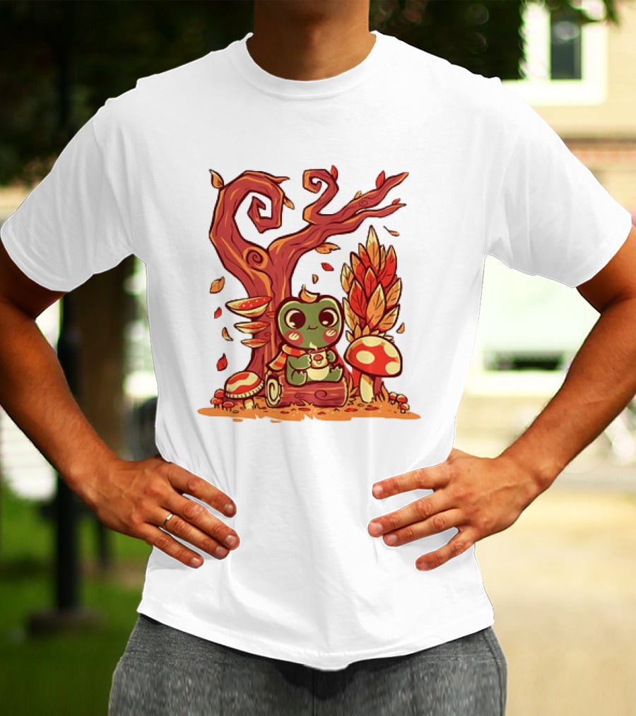 Cozy Autumn Days Cute Frog Enjoying Fall Leaves T-Shirt
