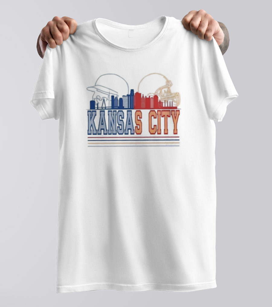 Kansas City Skyline Featuring Kansas City Chiefs Royals Helmets T-Shirt