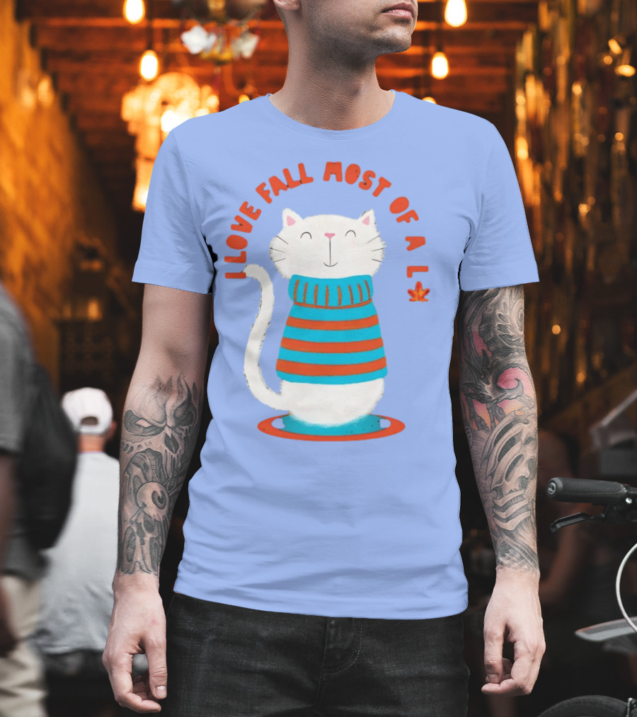 I Love Fall Most Of All Cat In Striped Sweater With Leaf T-Shirt