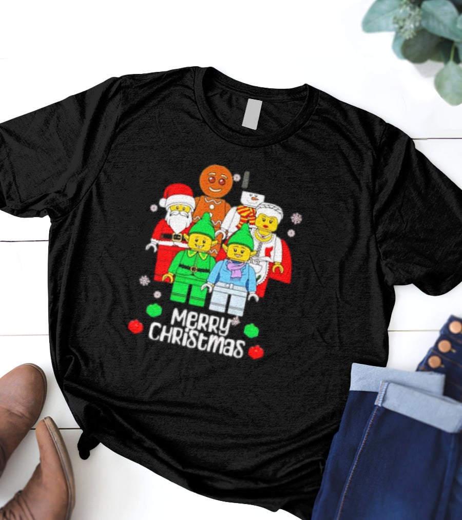 Merry Christmas Santa Elf Snowman Gingerbread Building Bricks Figures T-Shirt