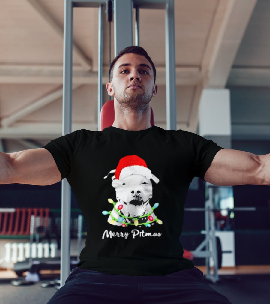 Merry Pitmas Pit Bull Santa With Christmas Tree Lights T-Shirt