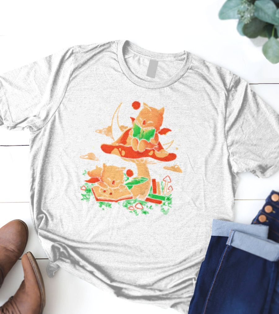 Cat Kupo Moogles Reading On Mushroom With Books T-Shirt