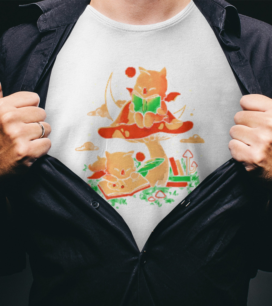 Cat Kupo Moogles Reading On Mushroom With Books T-Shirt