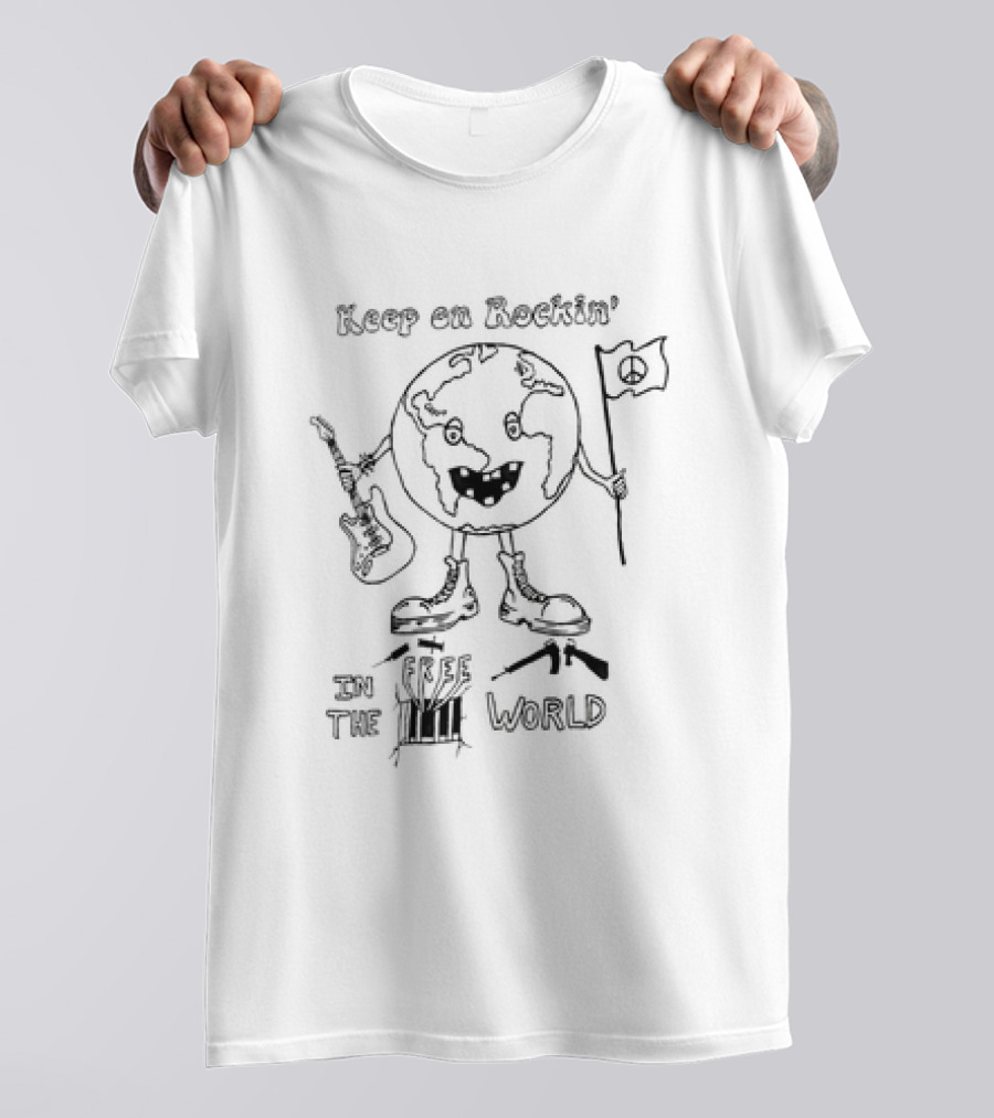 Keep On Rockin' In The Free World Peace Flag And Guitar Earth Drawing T-Shirt