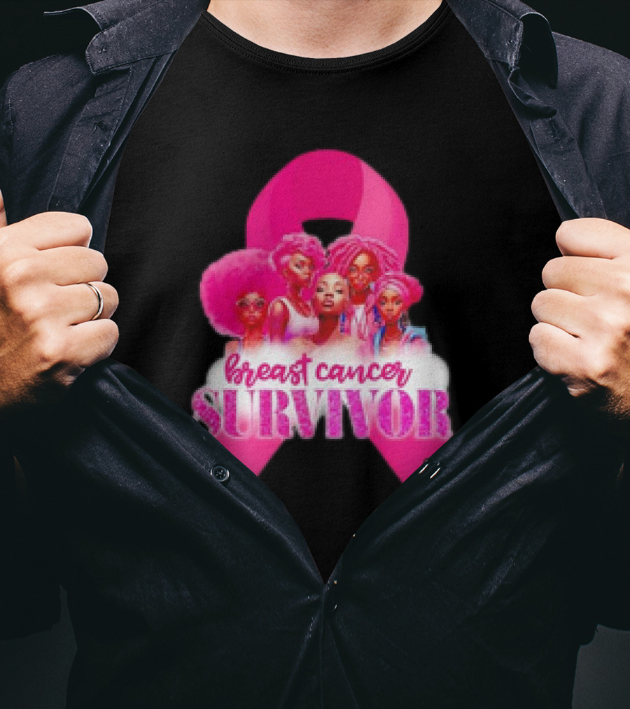 Breast Cancer Survivor Pink Ribbon Black Women Melanin Warrior T-Shirt